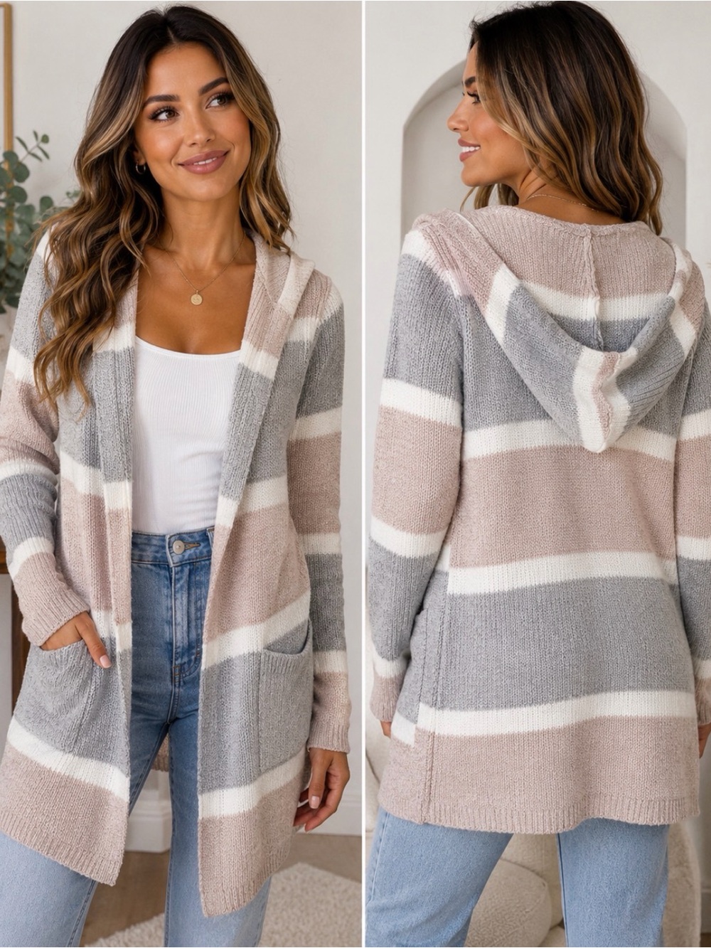 Cozy Striped Hooded Cardigan Sweater - Taupe, Gray & White